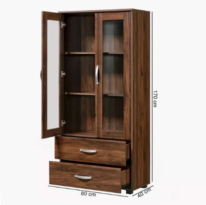 Wooden Office Storage Cabinet with Glass Doors and Drawers – 170cm Height